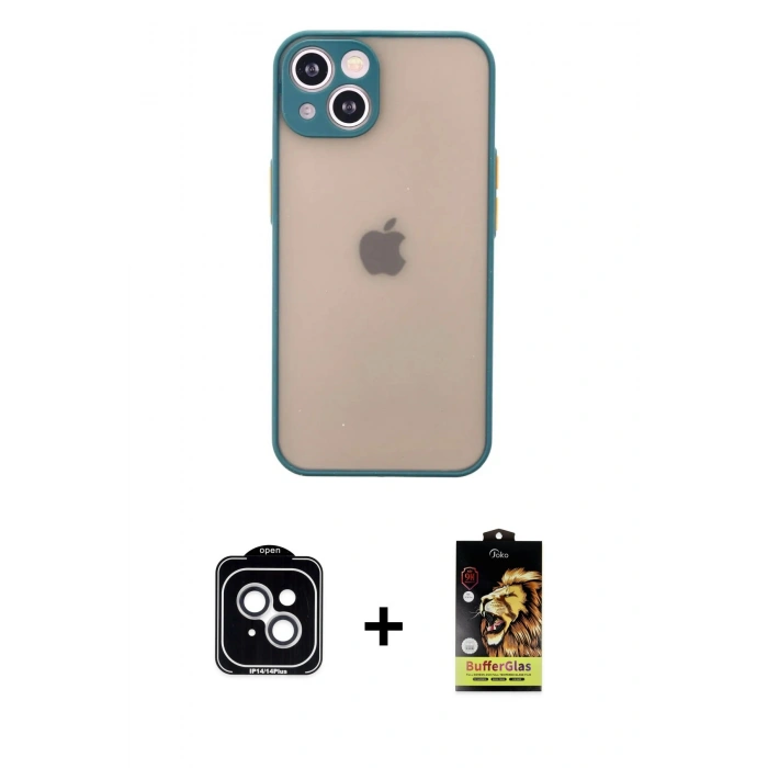 MARSİLYAN™- iPhone 14 Kılıf Ahenk Çizgi Serisi - Siyah Buffer Cam Ekran Koruyucu + PVD Metal Kamera Lens - GS