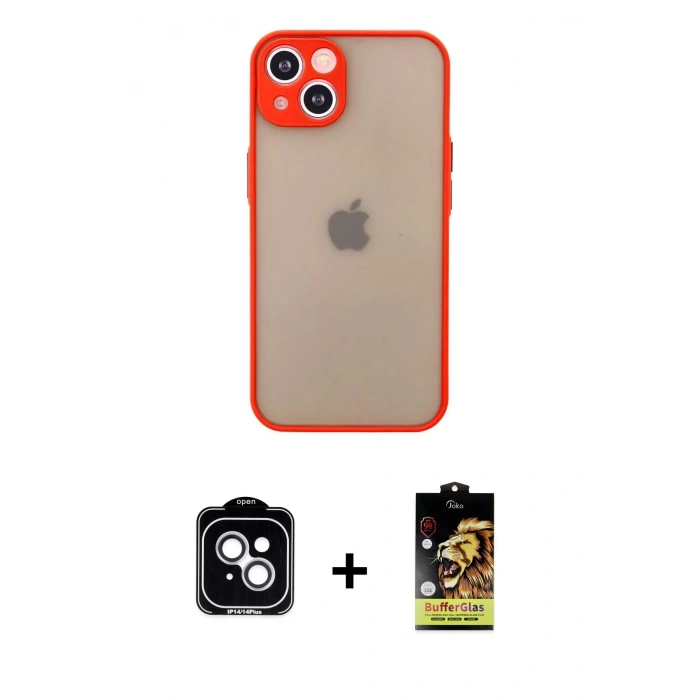 MARSİLYAN™- iPhone 14 Kılıf Ahenk Çizgi Serisi - Siyah Buffer Cam Ekran Koruyucu + PVD Metal Kamera Lens - GS
