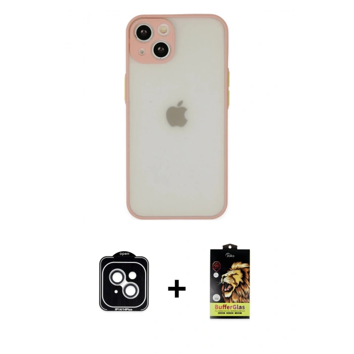 MARSİLYAN™- iPhone 14 Kılıf Ahenk Çizgi Serisi - Siyah Buffer Cam Ekran Koruyucu + PVD Metal Kamera Lens - GS
