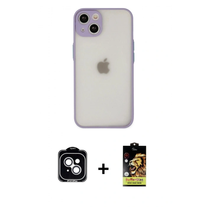 MARSİLYAN™- iPhone 14 Kılıf Ahenk Çizgi Serisi - Siyah Buffer Cam Ekran Koruyucu + PVD Metal Kamera Lens - GS