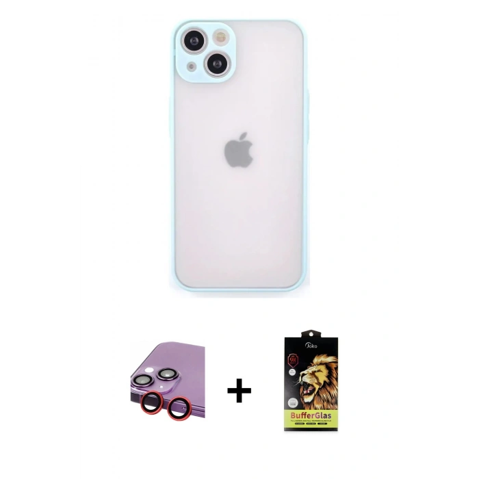 MARSİLYAN™- iPhone 14 Kılıf Ahenk Çizgi Serisi - Siyah Buffer Cam Ekran Koruyucu + Raze Metal Kamera Lens - KI