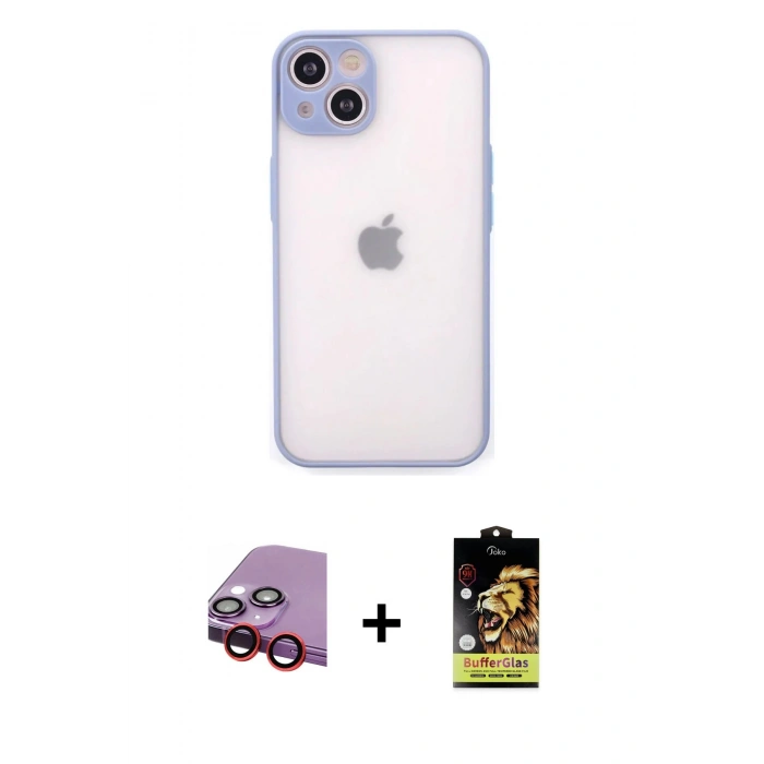 MARSİLYAN™- iPhone 14 Kılıf Ahenk Çizgi Serisi - Siyah Buffer Cam Ekran Koruyucu + Raze Metal Kamera Lens - KI