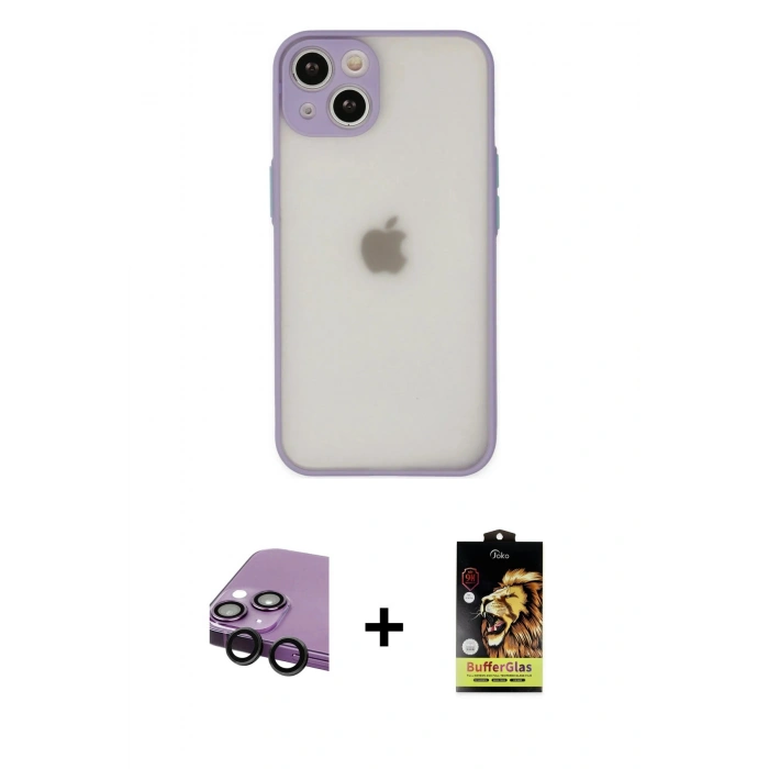 MARSİLYAN™- iPhone 14 Kılıf Ahenk Çizgi Serisi - Siyah Buffer Cam Ekran Koruyucu + Raze Metal Kamera Lens - SH