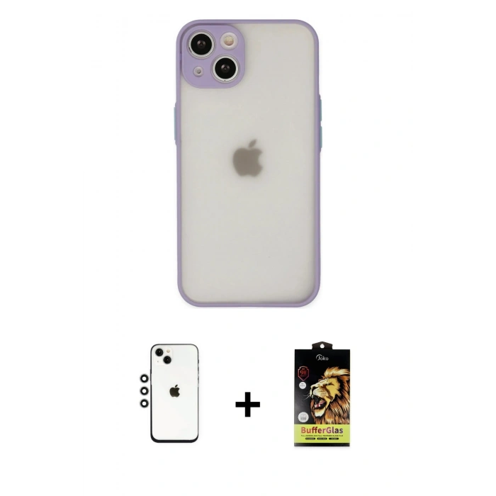MARSİLYAN™- iPhone 14 Kılıf Ahenk Çizgi Serisi - Siyah Buffer Cam Ekran Koruyucu + Shine Kamera Lens - GS