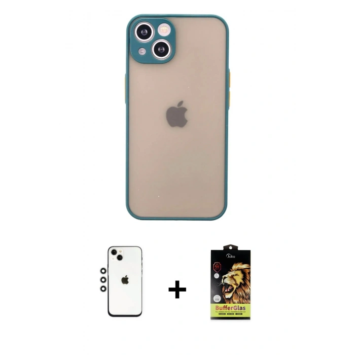 MARSİLYAN™- iPhone 14 Kılıf Ahenk Çizgi Serisi - Siyah Buffer Cam Ekran Koruyucu + Shine Kamera Lens - GS