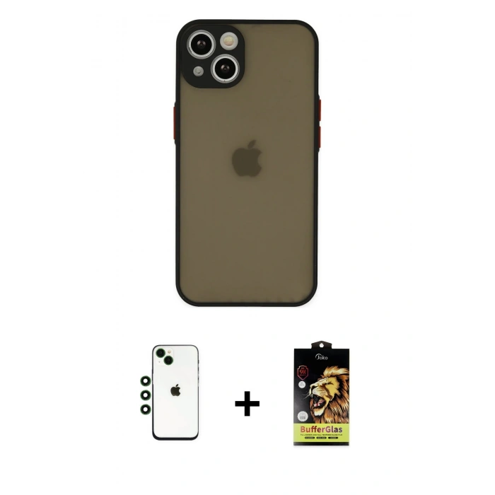 MARSİLYAN™- iPhone 14 Kılıf Ahenk Çizgi Serisi - Siyah Buffer Cam Ekran Koruyucu + Shine Kamera Lens - YL