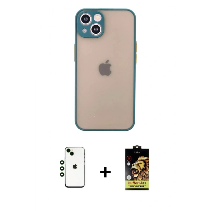 MARSİLYAN™- iPhone 14 Kılıf Ahenk Çizgi Serisi - Siyah Buffer Cam Ekran Koruyucu + Shine Kamera Lens - YL