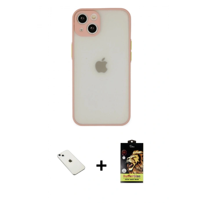 MARSİLYAN™- iPhone 14 Kılıf Ahenk Çizgi Serisi - Siyah Buffer Cam Ekran Koruyucu + Sierra Blue Diamond Kamera Lens