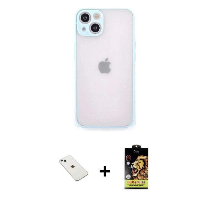 MARSİLYAN™- iPhone 14 Kılıf Ahenk Çizgi Serisi - Siyah Buffer Cam Ekran Koruyucu + Sierra Blue Diamond Kamera Lens