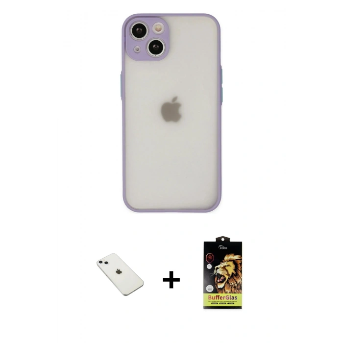 MARSİLYAN™- iPhone 14 Kılıf Ahenk Çizgi Serisi - Siyah Buffer Cam Ekran Koruyucu + Sierra Blue Diamond Kamera Lens