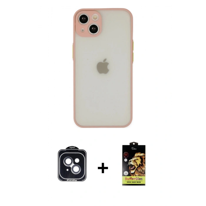 MARSİLYAN™- iPhone 14 Kılıf Ahenk Çizgi Serisi - Siyah Buffer Cam Ekran Koruyucu + Siyah PVD Metal Kamera Lens