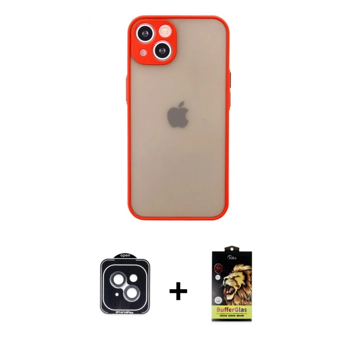 MARSİLYAN™- iPhone 14 Kılıf Ahenk Çizgi Serisi - Siyah Buffer Cam Ekran Koruyucu + Siyah PVD Metal Kamera Lens