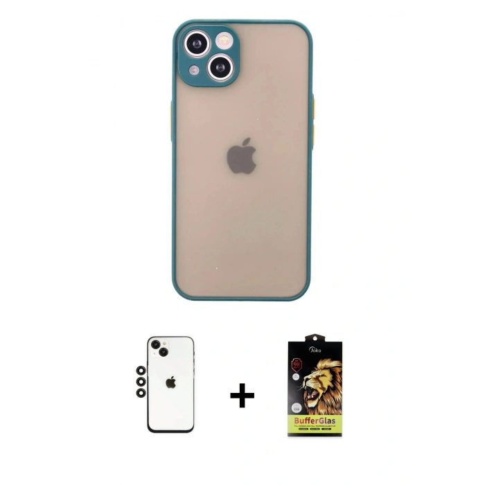MARSİLYAN™- iPhone 14 Kılıf Ahenk Çizgi Serisi - Siyah Buffer Cam Ekran Koruyucu + Shine Kamera Lens - SH