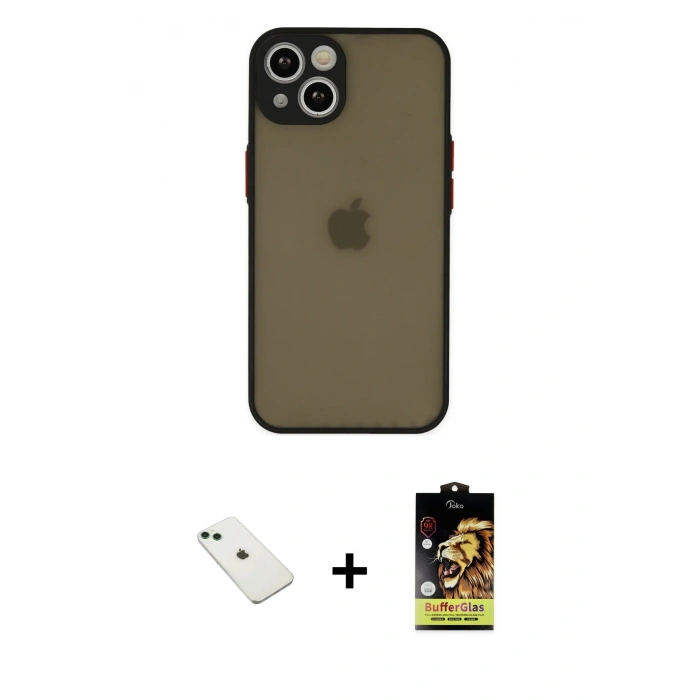 MARSİLYAN™- iPhone 14 Kılıf Ahenk Çizgi Serisi - Siyah Buffer Cam Ekran Koruyucu + Diamond Kamera Lens - YL