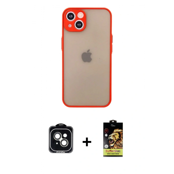 MARSİLYAN™- iPhone 14 Kılıf Ahenk Çizgi Serisi - Siyah Buffer Cam Ekran Koruyucu + Yeşil PVD Metal Kamera Lens