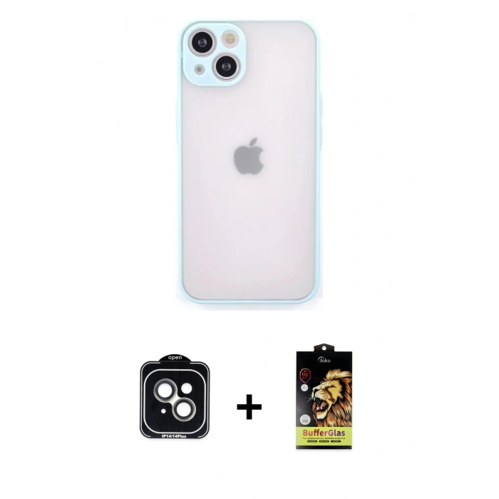 MARSİLYAN™- iPhone 14 Kılıf Ahenk Çizgi Serisi - Siyah Buffer Cam Ekran Koruyucu + Yeşil PVD Metal Kamera Lens