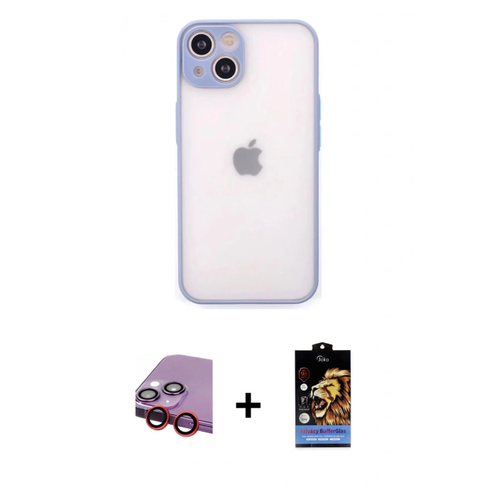 MARSİLYAN™- iPhone 14 Kılıf Ahenk Çizgi Serisi - Siyah Buffer Hayalet Cam Ekran Koruyucu + Raze Metal Kamera Lens - KI