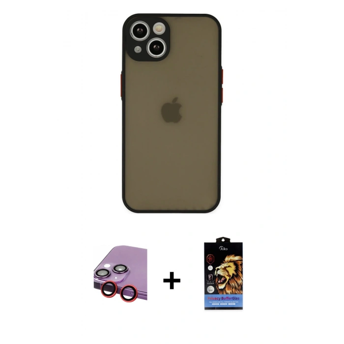 MARSİLYAN™- iPhone 14 Kılıf Ahenk Çizgi Serisi - Siyah Buffer Hayalet Cam Ekran Koruyucu + Raze Metal Kamera Lens - KI