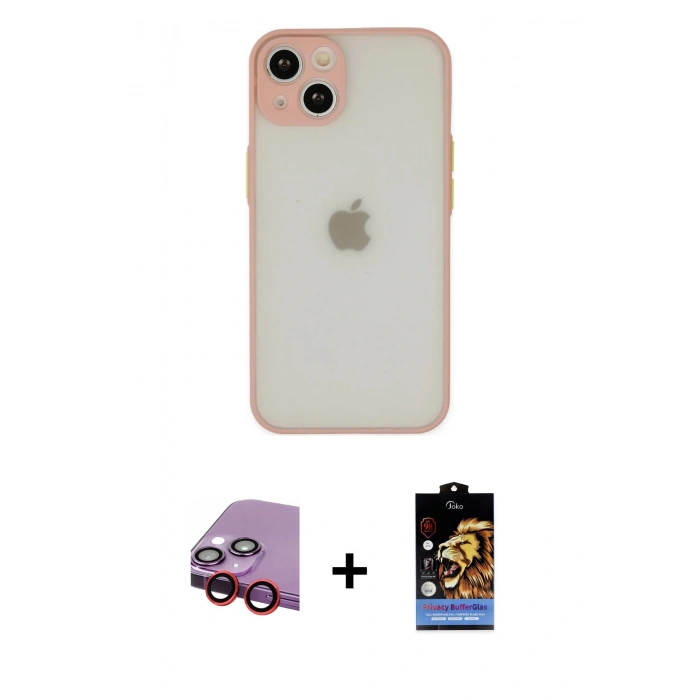 MARSİLYAN™- iPhone 14 Kılıf Ahenk Çizgi Serisi - Siyah Buffer Hayalet Cam Ekran Koruyucu + Raze Metal Kamera Lens - KI