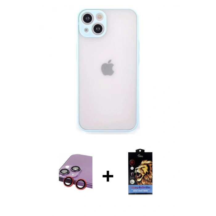 MARSİLYAN™- iPhone 14 Kılıf Ahenk Çizgi Serisi - Siyah Buffer Hayalet Cam Ekran Koruyucu + Raze Metal Kamera Lens - KI