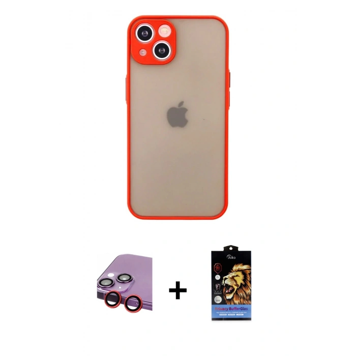 MARSİLYAN™- iPhone 14 Kılıf Ahenk Çizgi Serisi - Siyah Buffer Hayalet Cam Ekran Koruyucu + Raze Metal Kamera Lens - KI