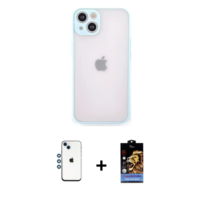 MARSİLYAN™- iPhone 14 Kılıf Ahenk Çizgi Serisi - Siyah Buffer Hayalet Cam Ekran Koruyucu + Mavi Shine Kamera Lens