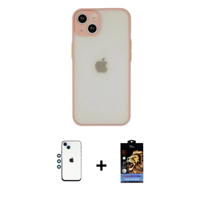 MARSİLYAN™- iPhone 14 Kılıf Ahenk Çizgi Serisi - Siyah Buffer Hayalet Cam Ekran Koruyucu + Mavi Shine Kamera Lens