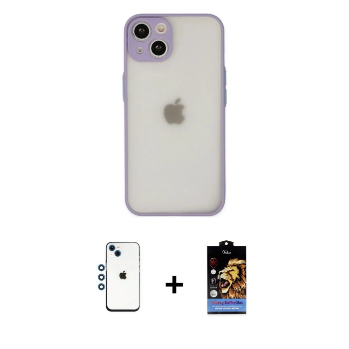 MARSİLYAN™- iPhone 14 Kılıf Ahenk Çizgi Serisi - Siyah Buffer Hayalet Cam Ekran Koruyucu + Mavi Shine Kamera Lens
