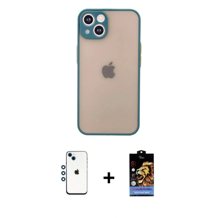 MARSİLYAN™- iPhone 14 Kılıf Ahenk Çizgi Serisi - Siyah Buffer Hayalet Cam Ekran Koruyucu + Mavi Shine Kamera Lens