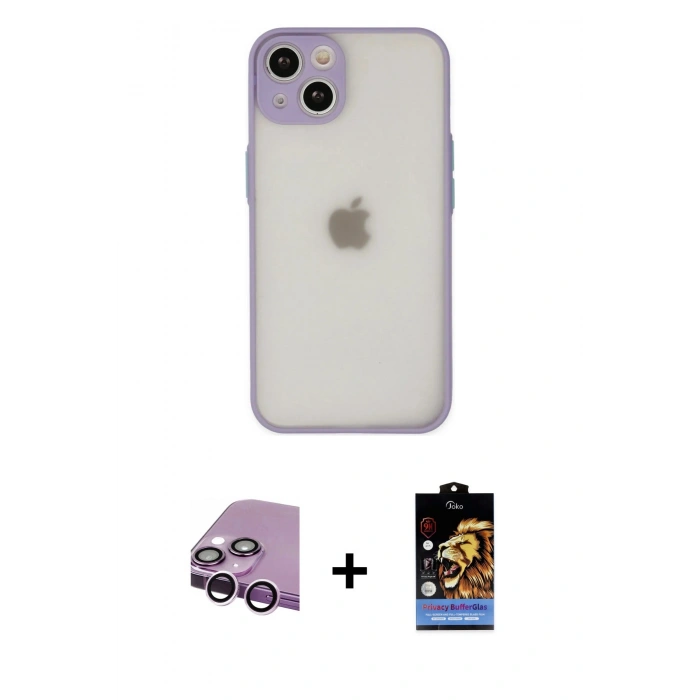 MARSİLYAN™- iPhone 14 Kılıf Ahenk Çizgi Serisi - Siyah Buffer Hayalet Cam Ekran Koruyucu + Raze Metal Kamera Lens - MR