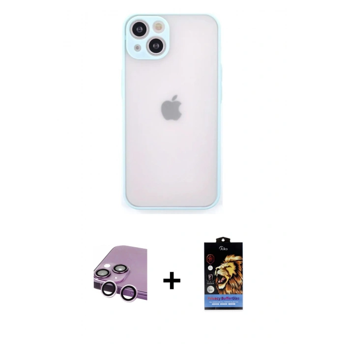 MARSİLYAN™- iPhone 14 Kılıf Ahenk Çizgi Serisi - Siyah Buffer Hayalet Cam Ekran Koruyucu + Raze Metal Kamera Lens - MR
