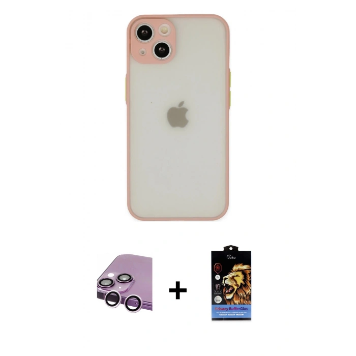 MARSİLYAN™- iPhone 14 Kılıf Ahenk Çizgi Serisi - Siyah Buffer Hayalet Cam Ekran Koruyucu + Raze Metal Kamera Lens - MR