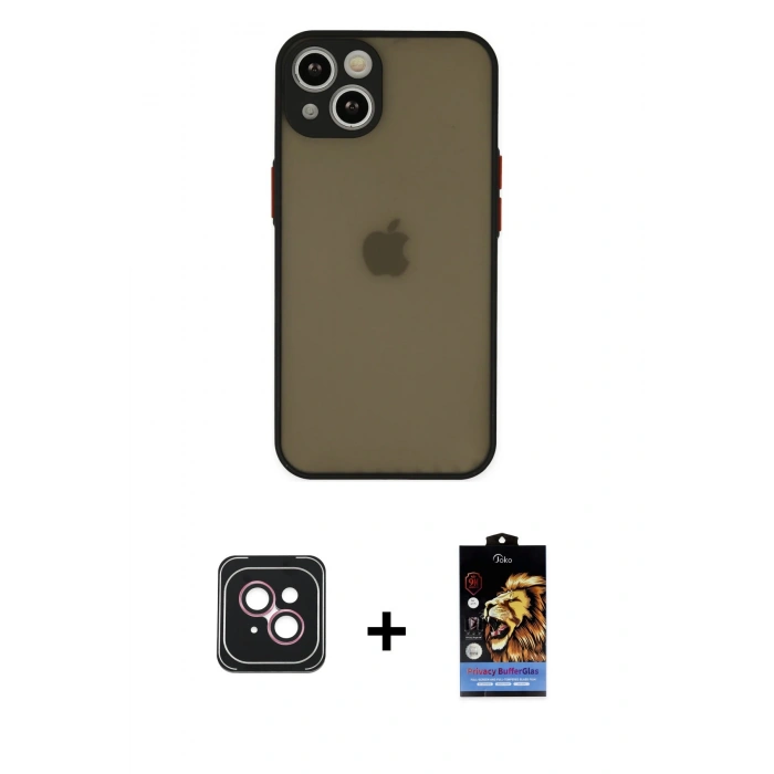 MARSİLYAN™- iPhone 14 Kılıf Ahenk Çizgi Serisi - Siyah Buffer Hayalet Cam Ekran Koruyucu + PVD Metal Kamera Lens - PE