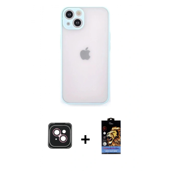 MARSİLYAN™- iPhone 14 Kılıf Ahenk Çizgi Serisi - Siyah Buffer Hayalet Cam Ekran Koruyucu + PVD Metal Kamera Lens - PE