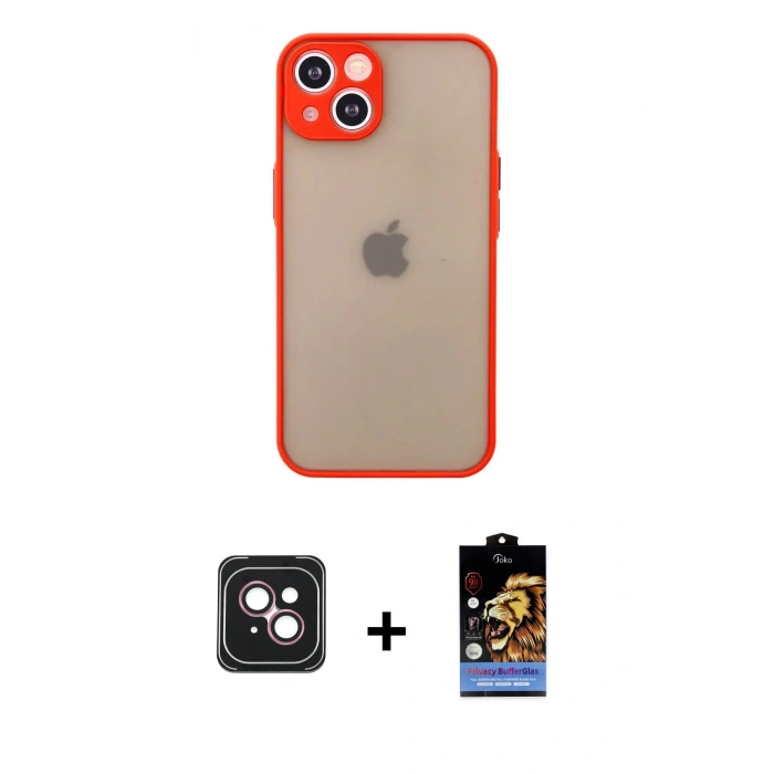 MARSİLYAN™- iPhone 14 Kılıf Ahenk Çizgi Serisi - Siyah Buffer Hayalet Cam Ekran Koruyucu + PVD Metal Kamera Lens - PE