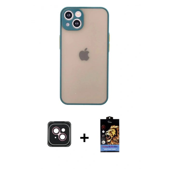 MARSİLYAN™- iPhone 14 Kılıf Ahenk Çizgi Serisi - Siyah Buffer Hayalet Cam Ekran Koruyucu + PVD Metal Kamera Lens - PE