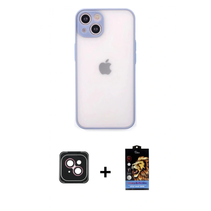 MARSİLYAN™- iPhone 14 Kılıf Ahenk Çizgi Serisi - Siyah Buffer Hayalet Cam Ekran Koruyucu + PVD Metal Kamera Lens - PE