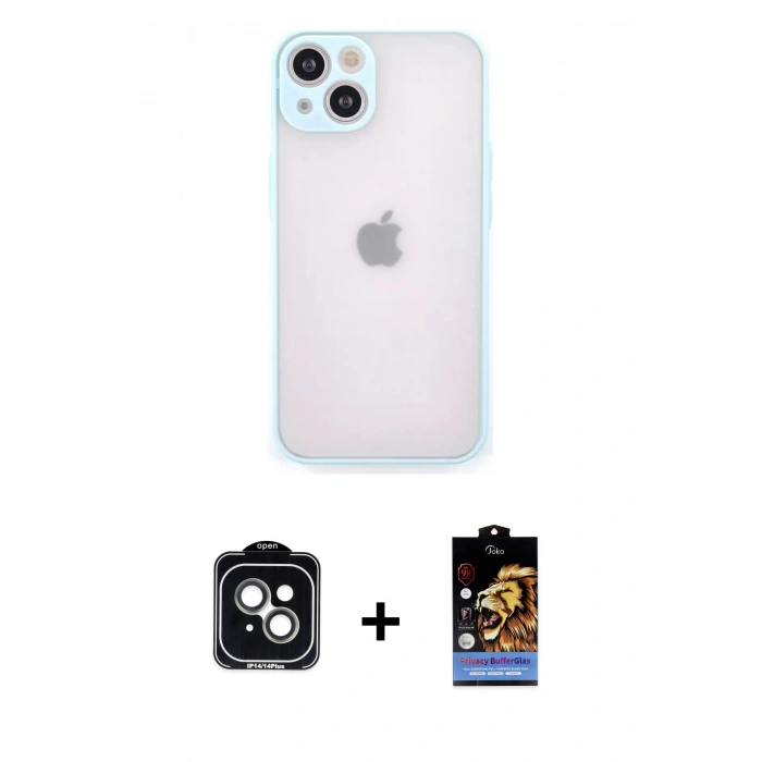 MARSİLYAN™- iPhone 14 Kılıf Ahenk Çizgi Serisi - Siyah Buffer Hayalet Cam Ekran Koruyucu + PVD Metal Kamera Lens - YL
