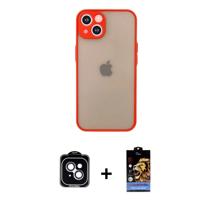 MARSİLYAN™- iPhone 14 Kılıf Ahenk Çizgi Serisi - Siyah Buffer Hayalet Cam Ekran Koruyucu + PVD Metal Kamera Lens - MI