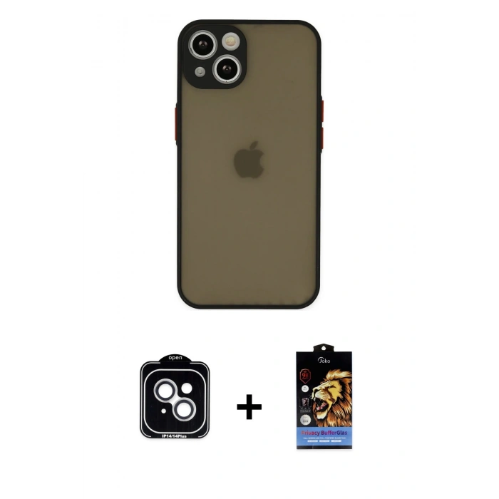 MARSİLYAN™- iPhone 14 Kılıf Ahenk Çizgi Serisi - Siyah Buffer Hayalet Cam Ekran Koruyucu + PVD Metal Kamera Lens - GS