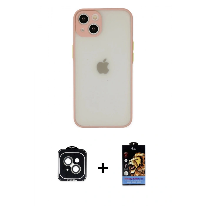 MARSİLYAN™- iPhone 14 Kılıf Ahenk Çizgi Serisi - Siyah Buffer Hayalet Cam Ekran Koruyucu + PVD Metal Kamera Lens - YL
