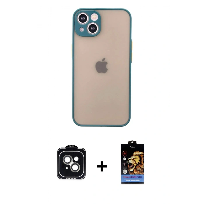 MARSİLYAN™- iPhone 14 Kılıf Ahenk Çizgi Serisi - Siyah Buffer Hayalet Cam Ekran Koruyucu + PVD Metal Kamera Lens - YL