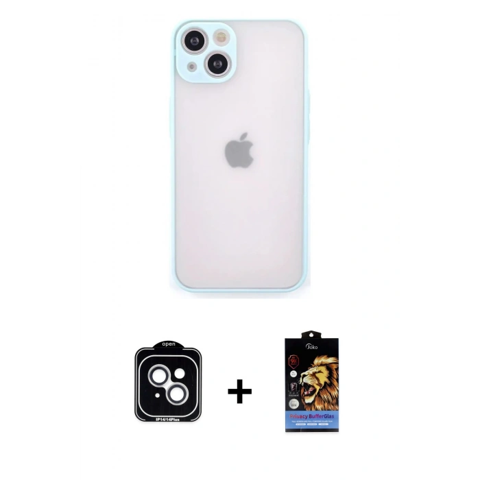 MARSİLYAN™- iPhone 14 Kılıf Ahenk Çizgi Serisi - Siyah Buffer Hayalet Cam Ekran Koruyucu + PVD Metal Kamera Lens - GS