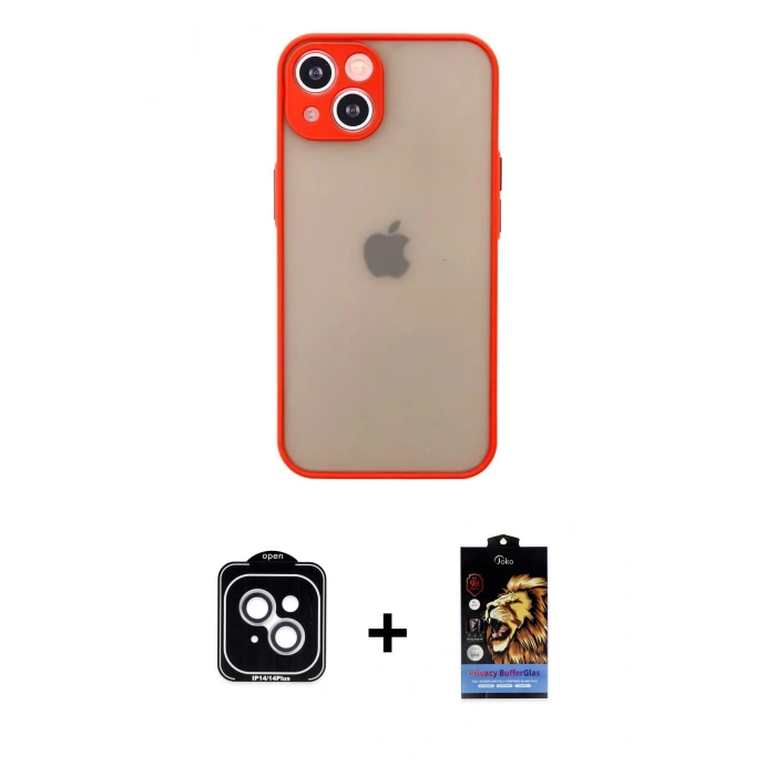 MARSİLYAN™- iPhone 14 Kılıf Ahenk Çizgi Serisi - Siyah Buffer Hayalet Cam Ekran Koruyucu + PVD Metal Kamera Lens - GS