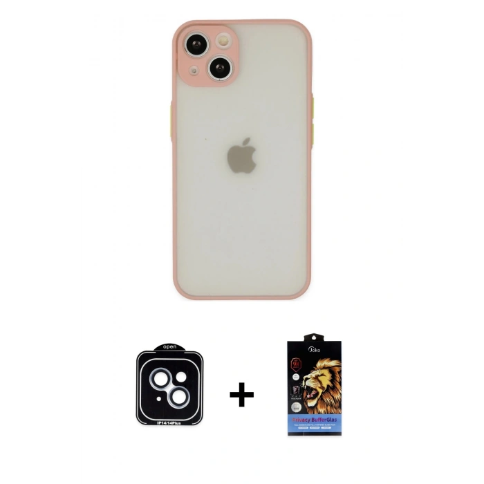 MARSİLYAN™- iPhone 14 Kılıf Ahenk Çizgi Serisi - Siyah Buffer Hayalet Cam Ekran Koruyucu + PVD Metal Kamera Lens - MI