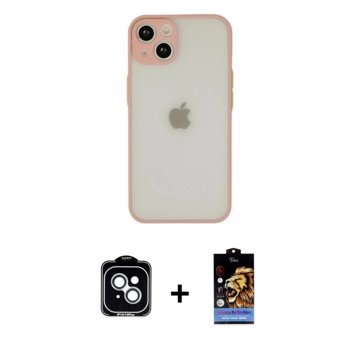 MARSİLYAN™- iPhone 14 Kılıf Ahenk Çizgi Serisi - Siyah Buffer Hayalet Cam Ekran Koruyucu + PVD Metal Kamera Lens - GS