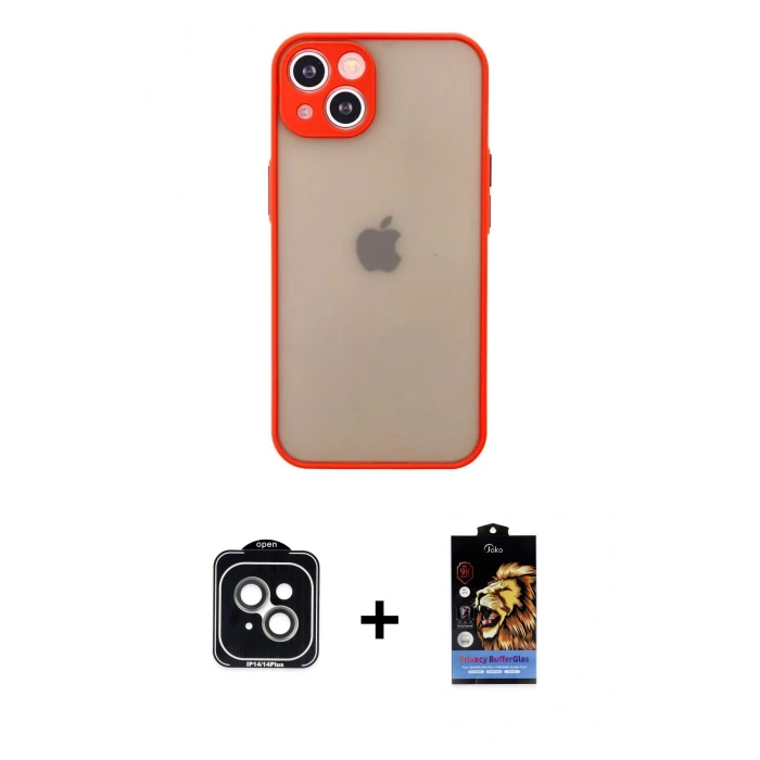 MARSİLYAN™- iPhone 14 Kılıf Ahenk Çizgi Serisi - Siyah Buffer Hayalet Cam Ekran Koruyucu + PVD Metal Kamera Lens - YL