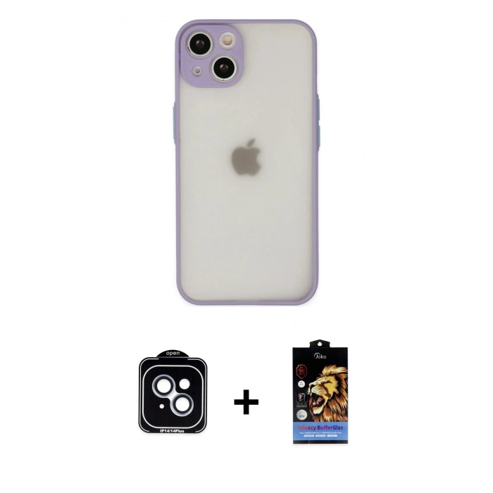 MARSİLYAN™- iPhone 14 Kılıf Ahenk Çizgi Serisi - Siyah Buffer Hayalet Cam Ekran Koruyucu + PVD Metal Kamera Lens - MI