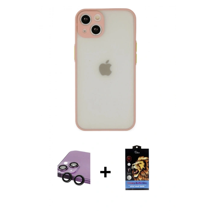 MARSİLYAN™- iPhone 14 Kılıf Ahenk Çizgi Serisi - Siyah Buffer Hayalet Cam Ekran Koruyucu + Raze Metal Kamera Lens - SH