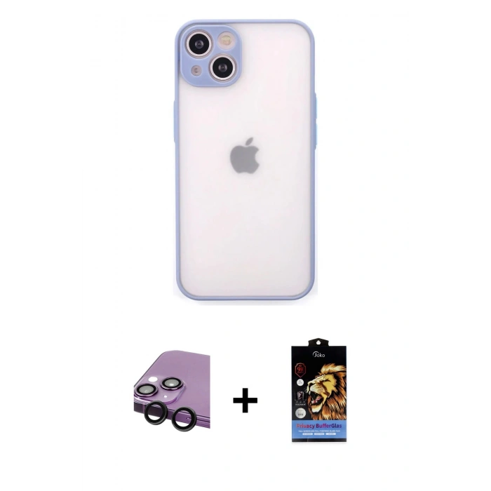 MARSİLYAN™- iPhone 14 Kılıf Ahenk Çizgi Serisi - Siyah Buffer Hayalet Cam Ekran Koruyucu + Raze Metal Kamera Lens - SH